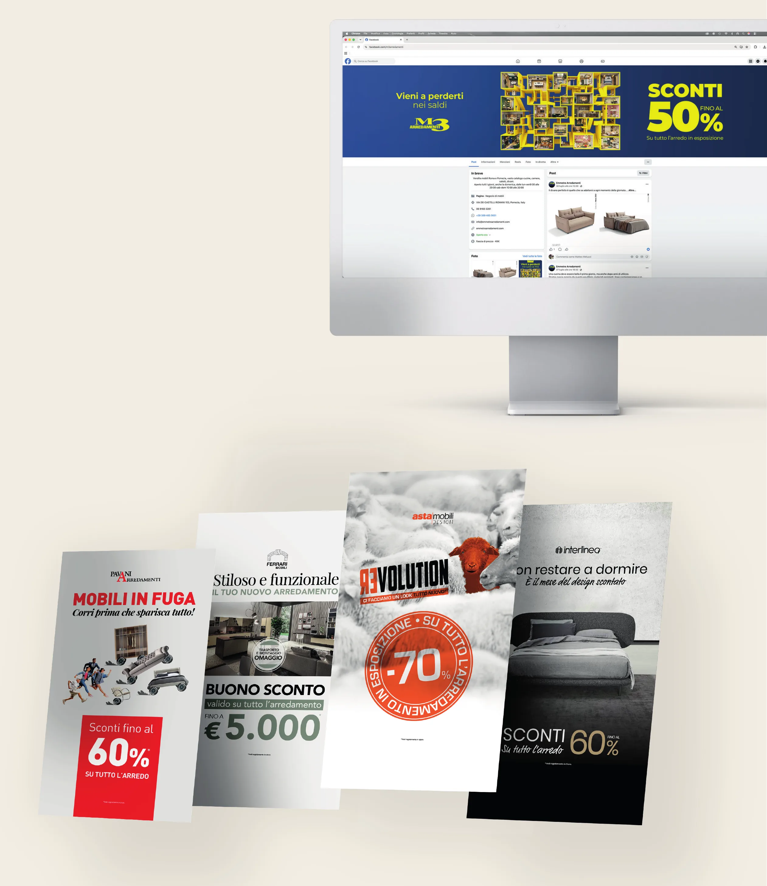 La campagna Facebook di M3 Arredamenti e i manifesti di Pavani, Ferrari Mobili, Asta Mobili Design e Interlinea